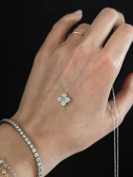 14K White Gold Pave Diamond Flower Necklace