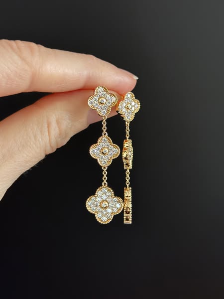 14K Yellow Gold Pave Diamond Quatrefoil Earrings