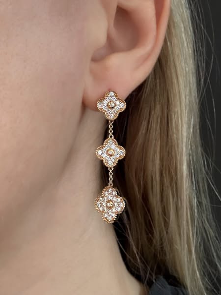 14K Yellow Gold Pave Diamond Quatrefoil Earrings