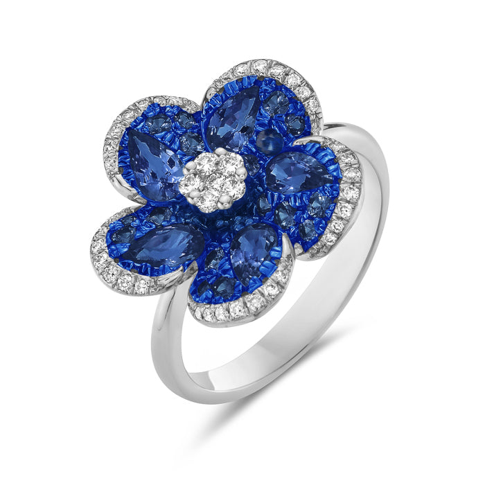 14K Diamond & Sapphire Flower Ring